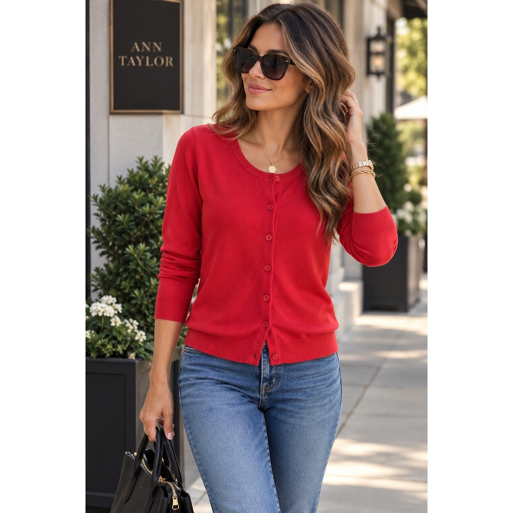 Ann Taylor Red Silk Cashmere Cotton Button Cardigan Sweater Women's L
